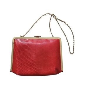 Vintage 60s ETRA Genuine Leather Red Kiss-Lock Clutch Shoulder Bag Retro Evening